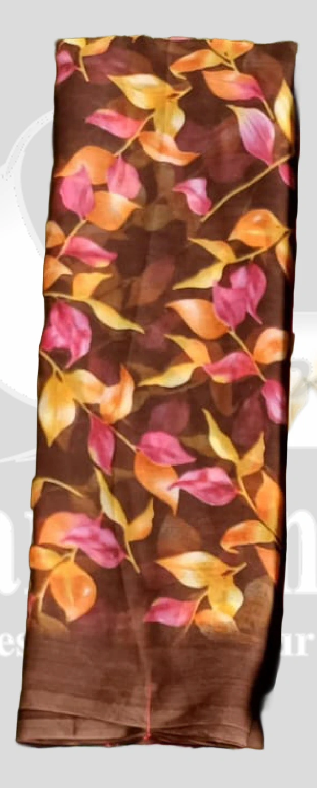 Chiffon Printed Leaf Design Saree &ndash; SANGNI1203 &ndash; Coffee Brown Mix